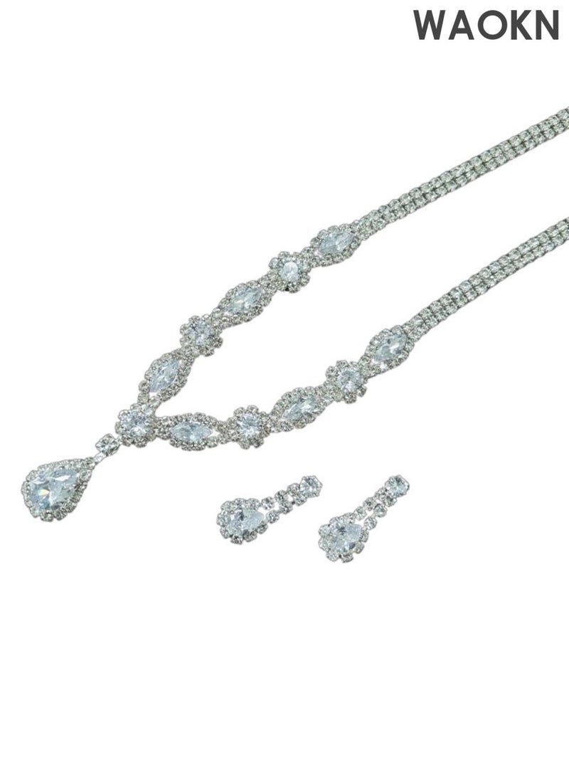WAOKN 2 Piece Jewelry Set of Necklace and Earrings Shiny teardrop shape Diamond Chic Rhinestone Decor Jewellery Set , suitable for Women , Ladies , Gift for Girlfriend Wife Mother Bridesmaids Wedding Party Accessories , unisex , silvery. - Image 5